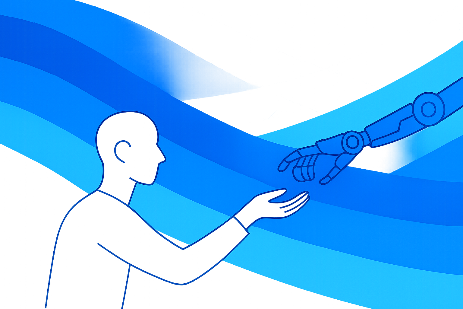 Human and AI hands meeting in collaborative partnership